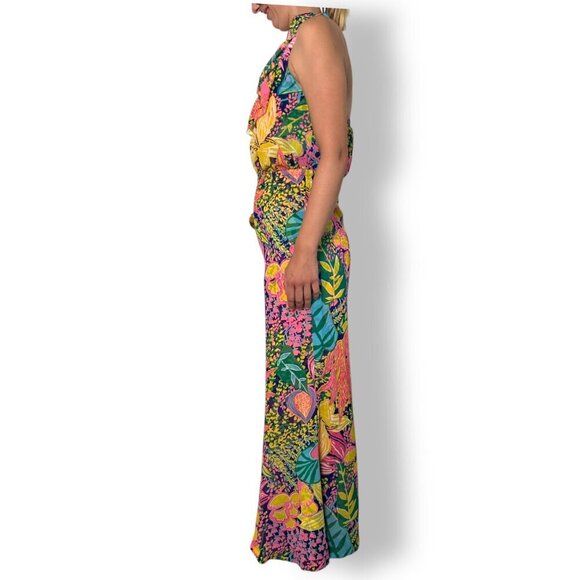 Trina Turk Jumpsuit Jacksonville Sz  XS Floral Wide leg Ruffle Halter Top - Picture 2 of 9